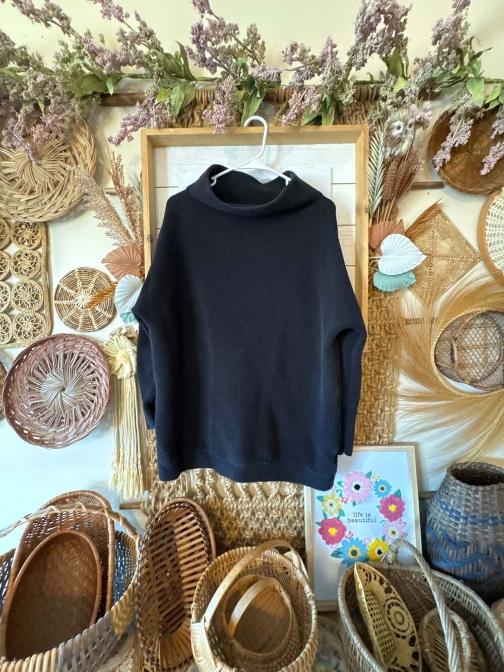 Free People Black Ribbed Funnel Neck Sweater